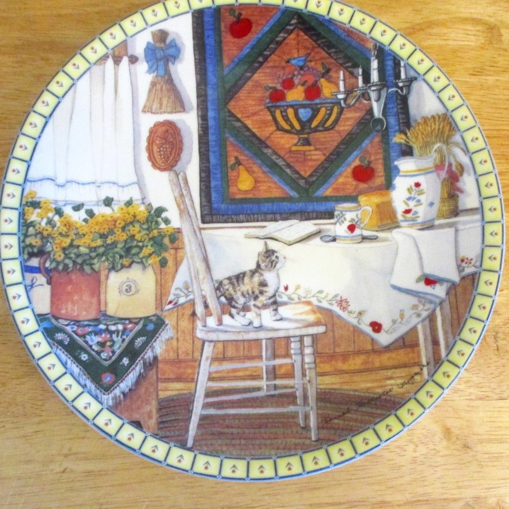 1991 Edwin M Knowles Cozy Country Corners Table Trouble Cat Plate Ltd Edition